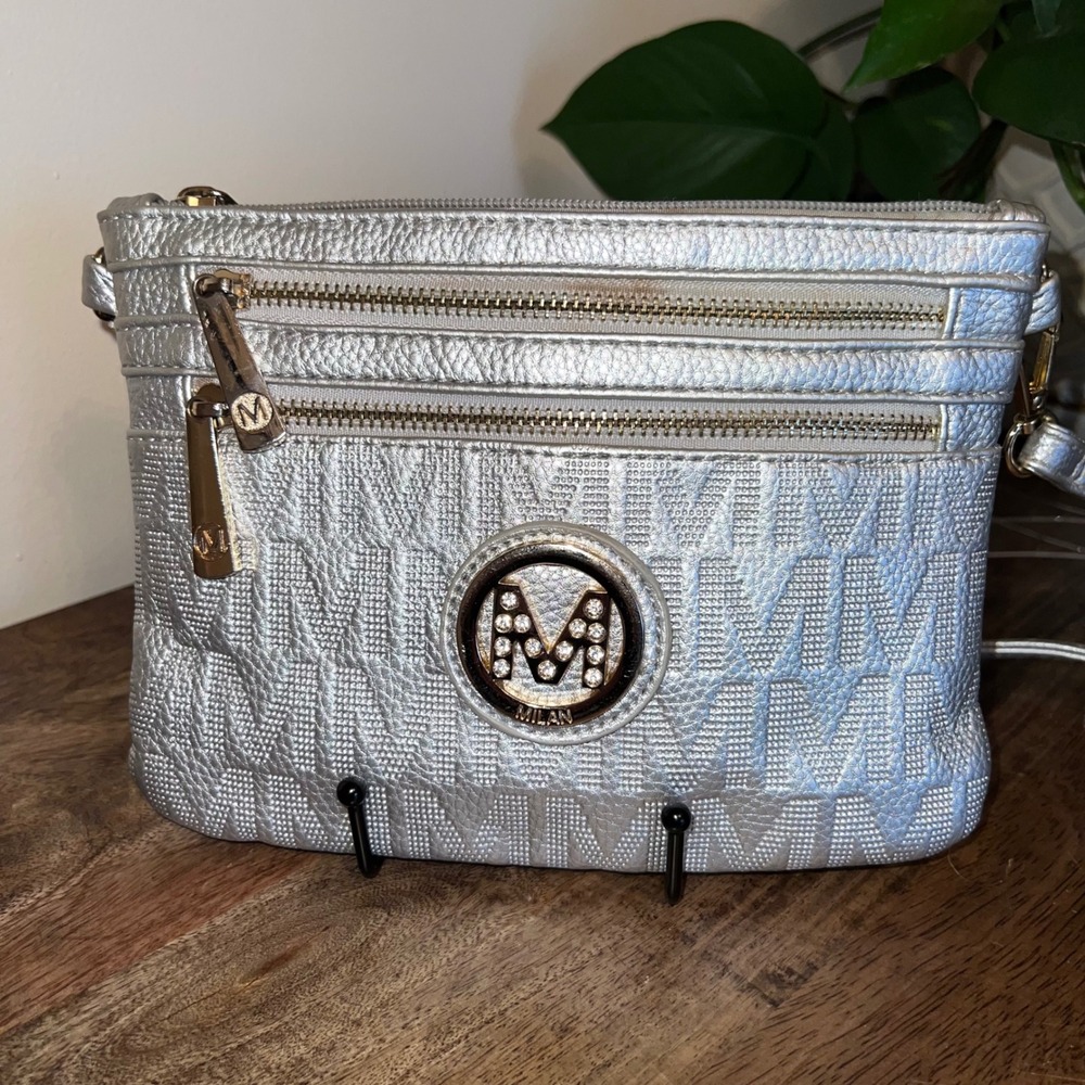 M Milan Silver Monogram Crossbody Bag Triple Zip with Gold Hardware Party Preppy
